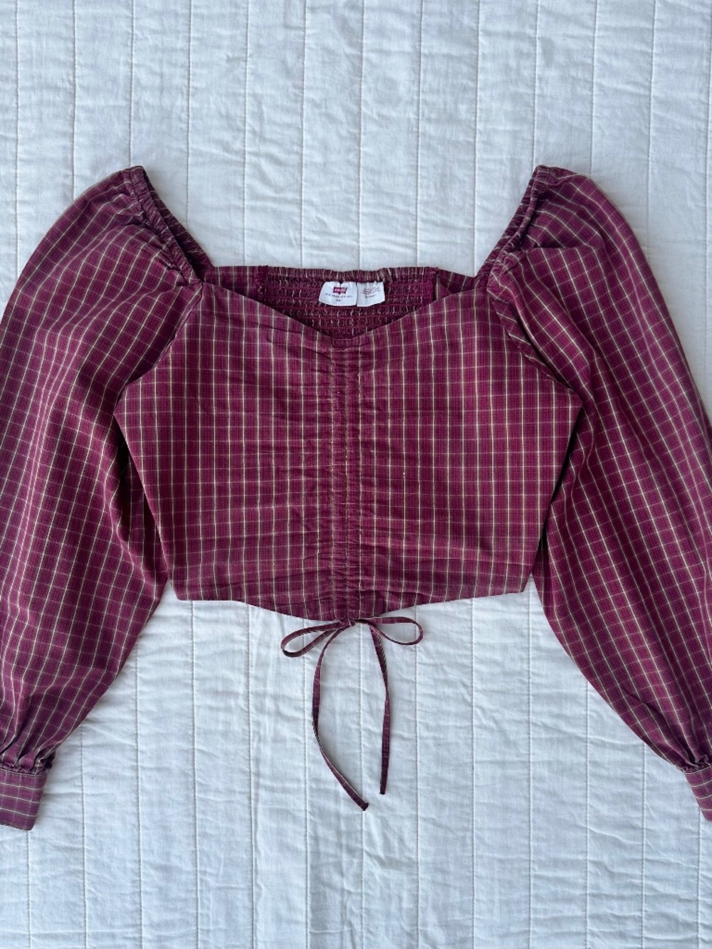 Levi's Plaid Crop Top | Red & Gold | Size XS | Sinch Tie Front | Puff Sleeves